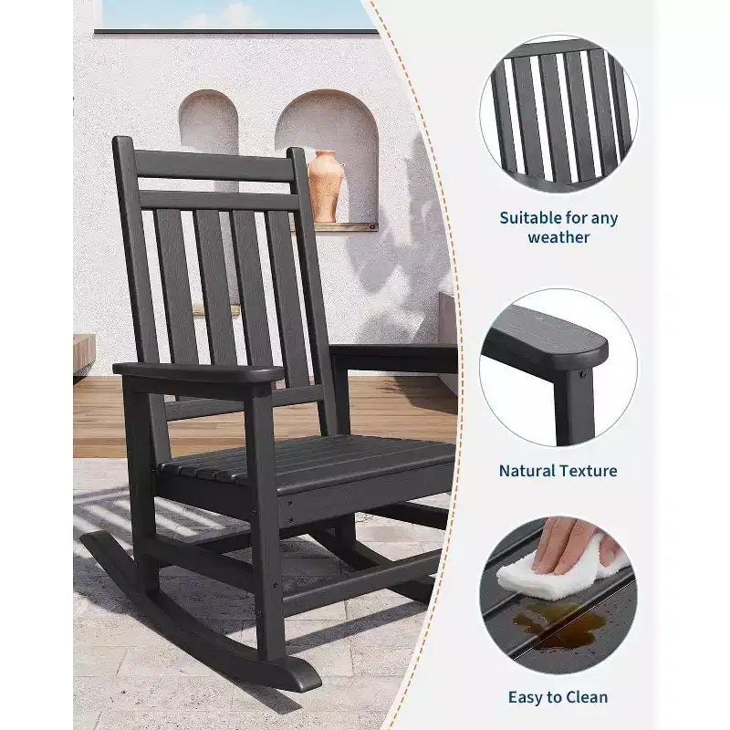 Acekool 1-Piece Outdoor Rocking Chair Set  HDPE Weather-Resistant Adirondack Rockers with Wood Texture, 380 lbs Capacity, Black