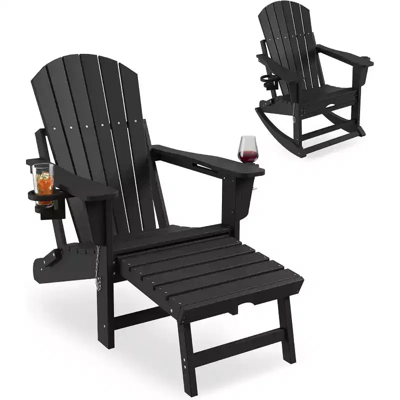 Acekool 4-in-1 Folding Adirondack Rocking Chair with Retractable Ottoman and Dual Cup Holders, HDPE Outdoor Rocker Set