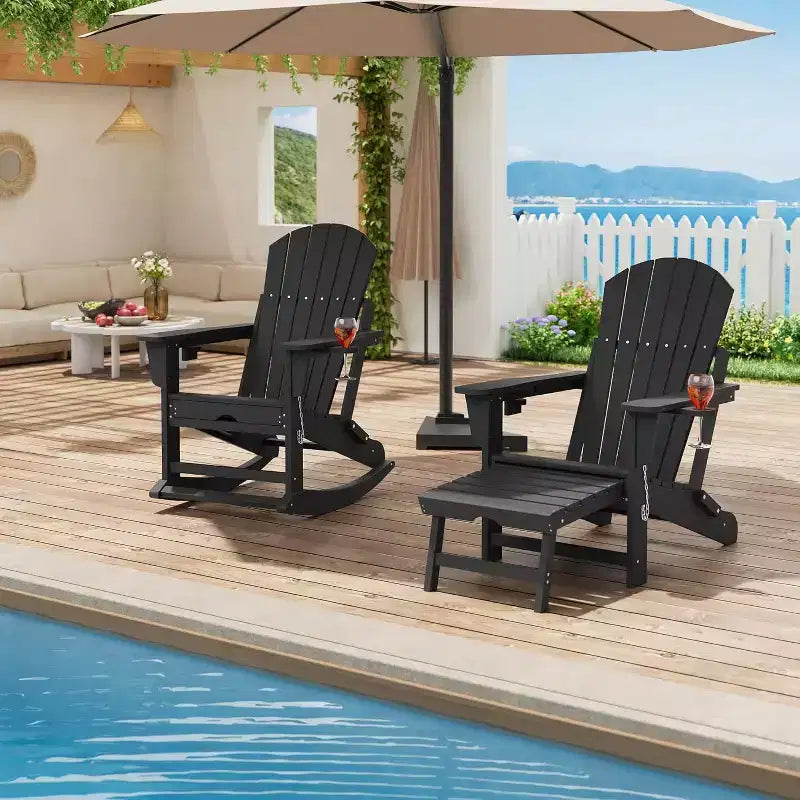 Acekool 4-in-1 Folding Adirondack Rocking Chair with Retractable Ottoman and Dual Cup Holders, HDPE Outdoor Rocker Set