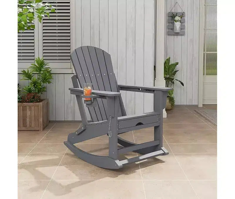 Acekool 4-in-1 Folding Adirondack Rocking Chair with Retractable Ottoman and Dual Cup Holders, HDPE Outdoor Rocker Set