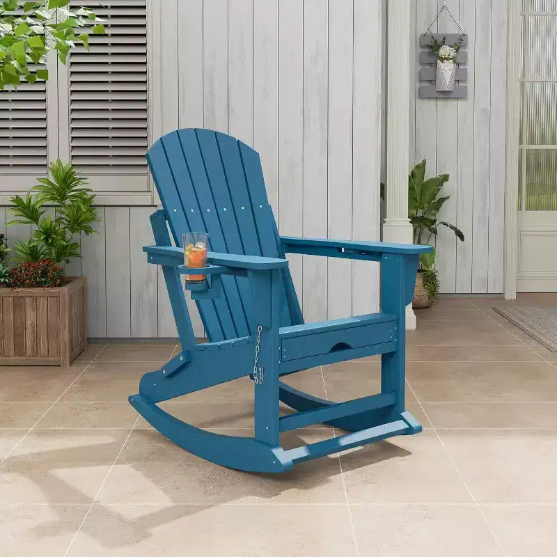 Acekool 4-in-1 Folding Adirondack Rocking Chair with Retractable Ottoman and Dual Cup Holders, HDPE Outdoor Rocker Set