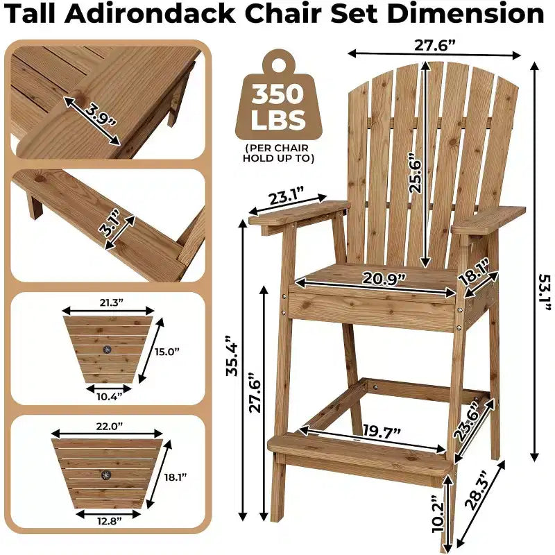 Ensemble de 2 chaises Adirondack de bar d'extérieur avec plateau et trou pour parasol, chaises Adirondack hautes de balcon pour patio, terrasse, véranda