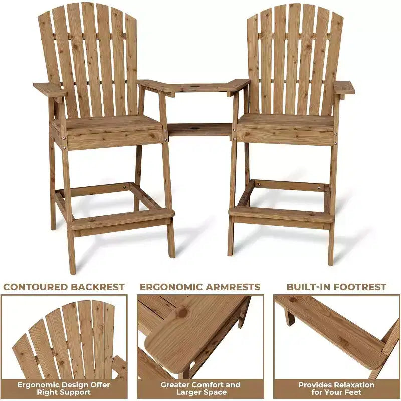 Ensemble de 2 chaises Adirondack de bar d'extérieur avec plateau et trou pour parasol, chaises Adirondack hautes de balcon pour patio, terrasse, véranda