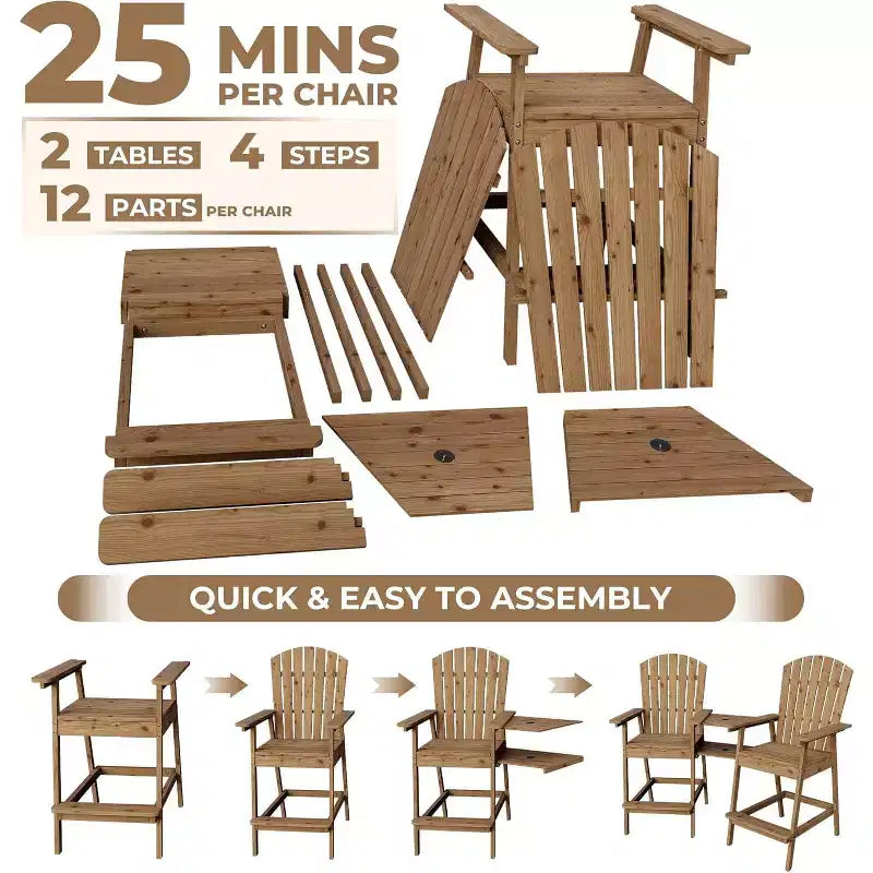 Ensemble de 2 chaises Adirondack de bar d'extérieur avec plateau et trou pour parasol, chaises Adirondack hautes de balcon pour patio, terrasse, véranda