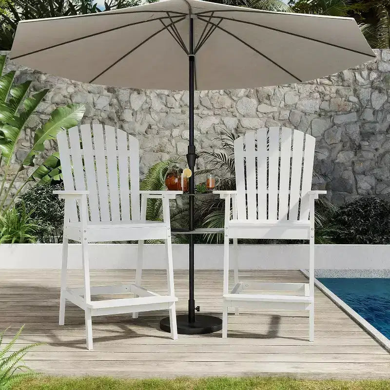 Ensemble de 2 chaises Adirondack de bar d'extérieur avec plateau et trou pour parasol, chaises Adirondack hautes de balcon pour patio, terrasse, véranda