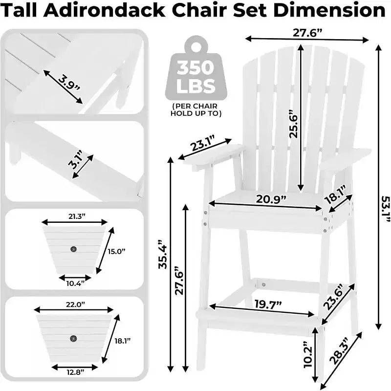 Ensemble de 2 chaises Adirondack de bar d'extérieur avec plateau et trou pour parasol, chaises Adirondack hautes de balcon pour patio, terrasse, véranda