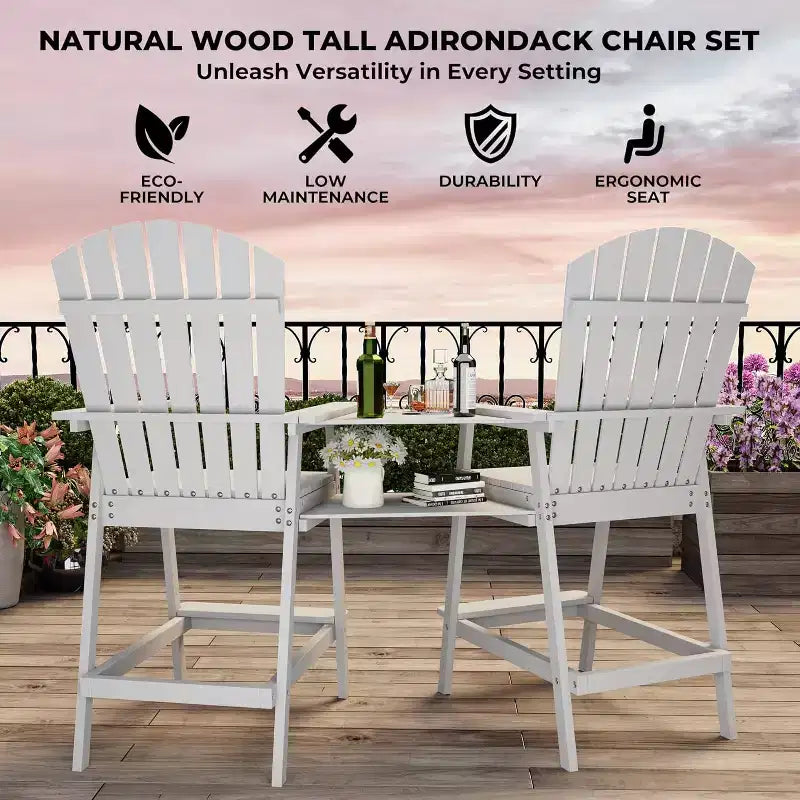 Ensemble de 2 chaises Adirondack de bar d'extérieur avec plateau et trou pour parasol, chaises Adirondack hautes de balcon pour patio, terrasse, véranda