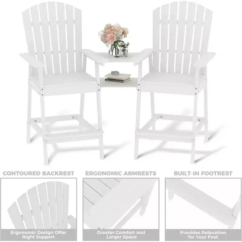 Ensemble de 2 chaises Adirondack de bar d'extérieur avec plateau et trou pour parasol, chaises Adirondack hautes de balcon pour patio, terrasse, véranda