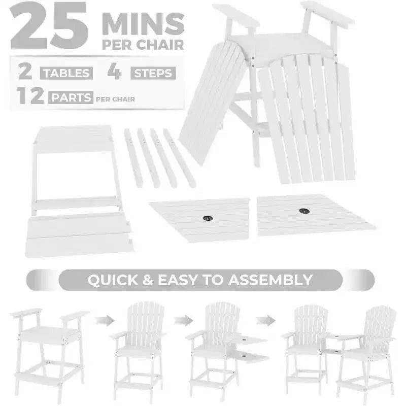 Ensemble de 2 chaises Adirondack de bar d'extérieur avec plateau et trou pour parasol, chaises Adirondack hautes de balcon pour patio, terrasse, véranda