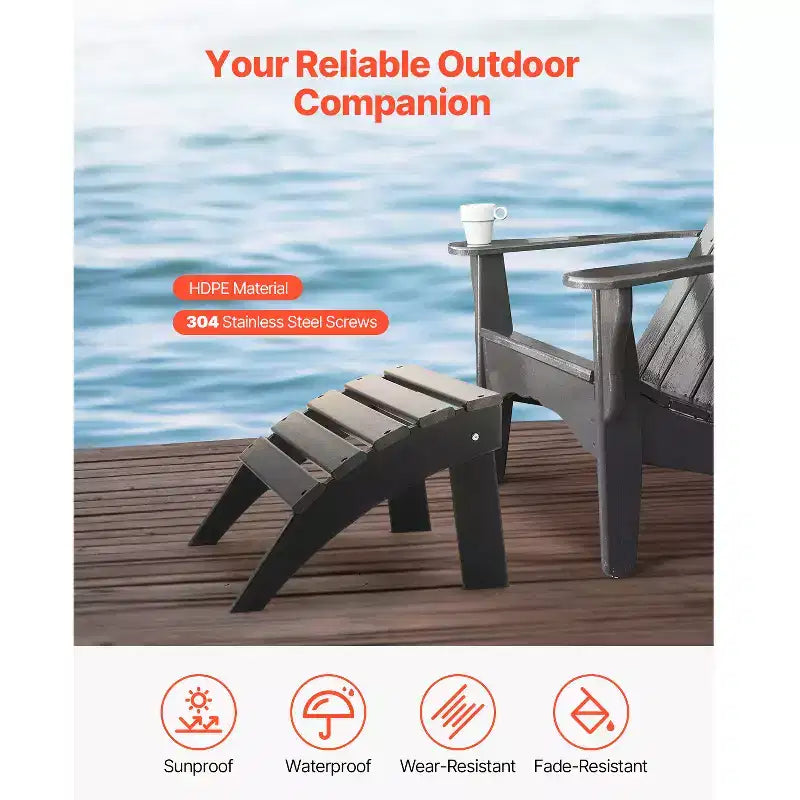 VEVOR Adirondack Ottoman, 18.7L x 19.7W x 13H Inch HDPE Plastic Folding Adirondack Ottoman, Weather-Resistant Foot Rest for Adirondack Chair, Black