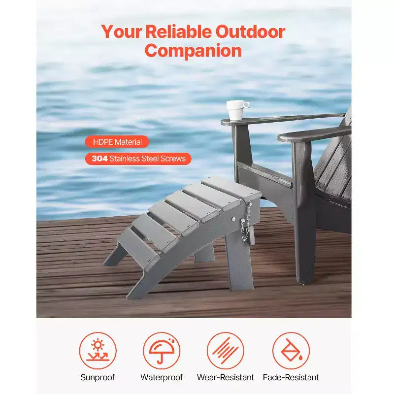 VEVOR Adirondack Ottoman, 16.9L x 18.9W x 13H Inch HDPE Plastic Folding Adirondack Ottoman, Weather-Resistant Foot Rest for Adirondack Chair, Gray