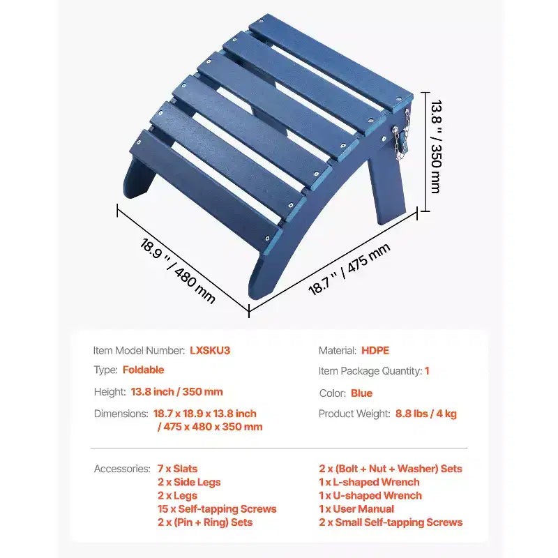 VEVOR Adirondack Ottoman, 18.7L x 18.9W x 13.8H Inch HDPE Plastic Folding Adirondack Ottoman, Weather-Resistant Foot Rest for Adirondack Chair, Blue