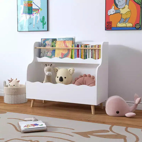 Libreria a 2 livelli per bambini con scomparto portaoggetti per giocattoli, bianca