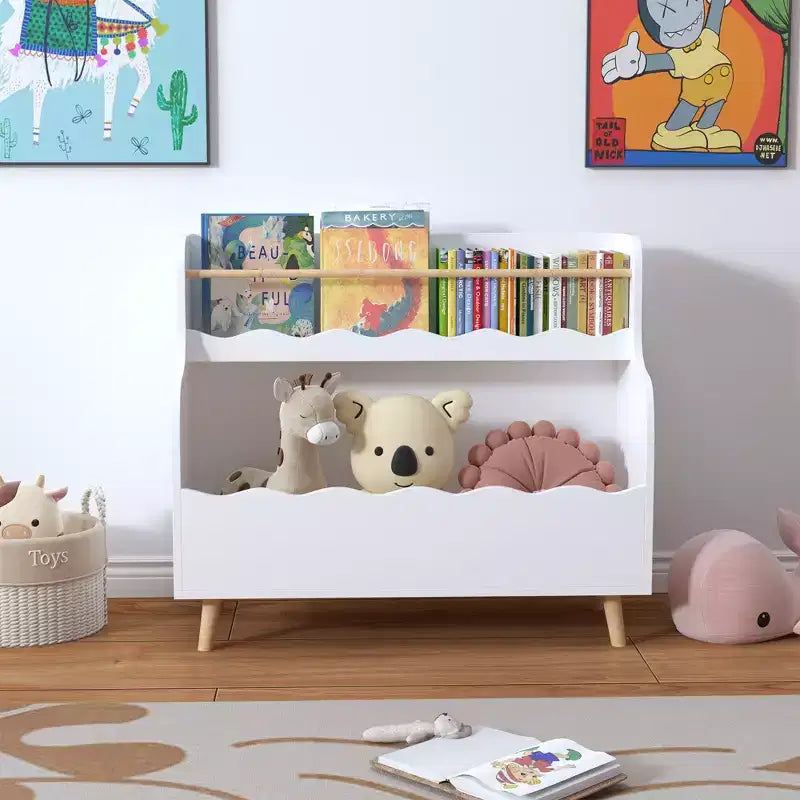 Libreria a 2 livelli per bambini con scomparto portaoggetti per giocattoli, bianca