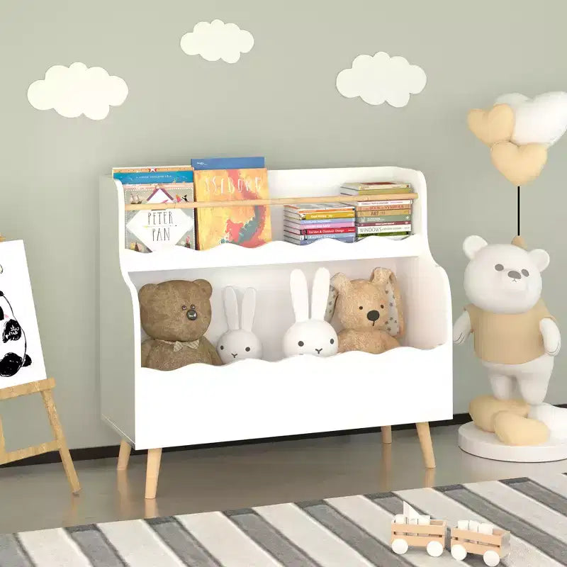 Libreria a 2 livelli per bambini con scomparto portaoggetti per giocattoli, bianca
