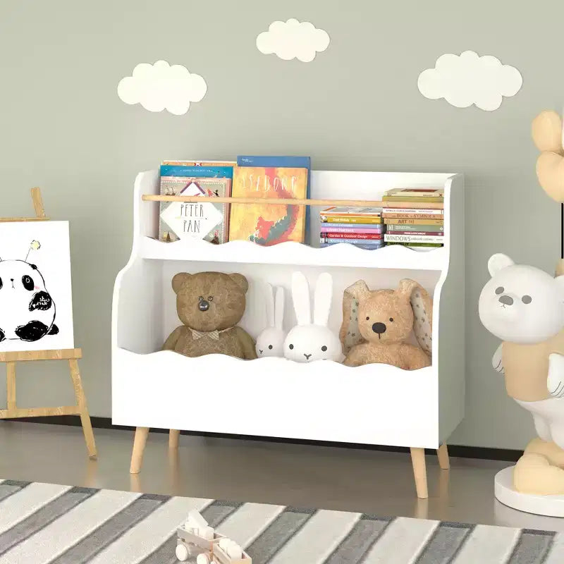 Libreria a 2 livelli per bambini con scomparto portaoggetti per giocattoli, bianca