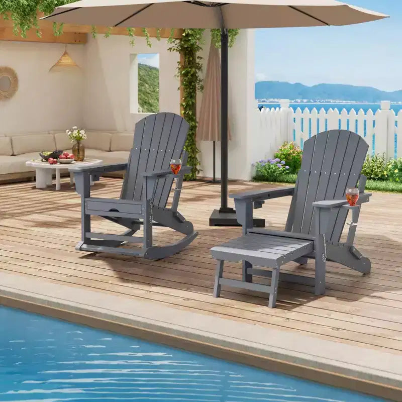 GustoWave Adirondack Outdoor Rocking Chairs with Retractable Ottoman, HDPE All Weather Patio rockers with Cup Holders