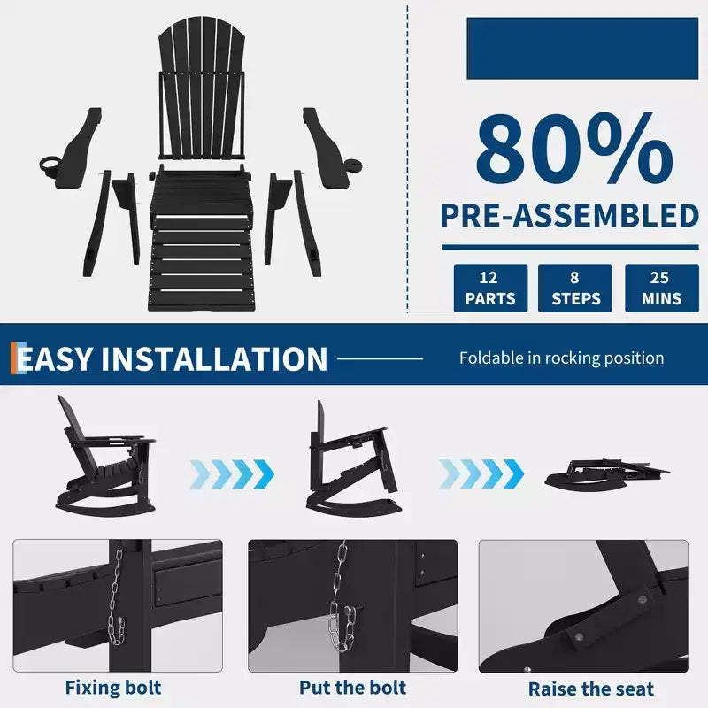 GustoWave Adirondack Outdoor Rocking Chairs with Retractable Ottoman, HDPE All Weather Patio rockers with Cup Holders