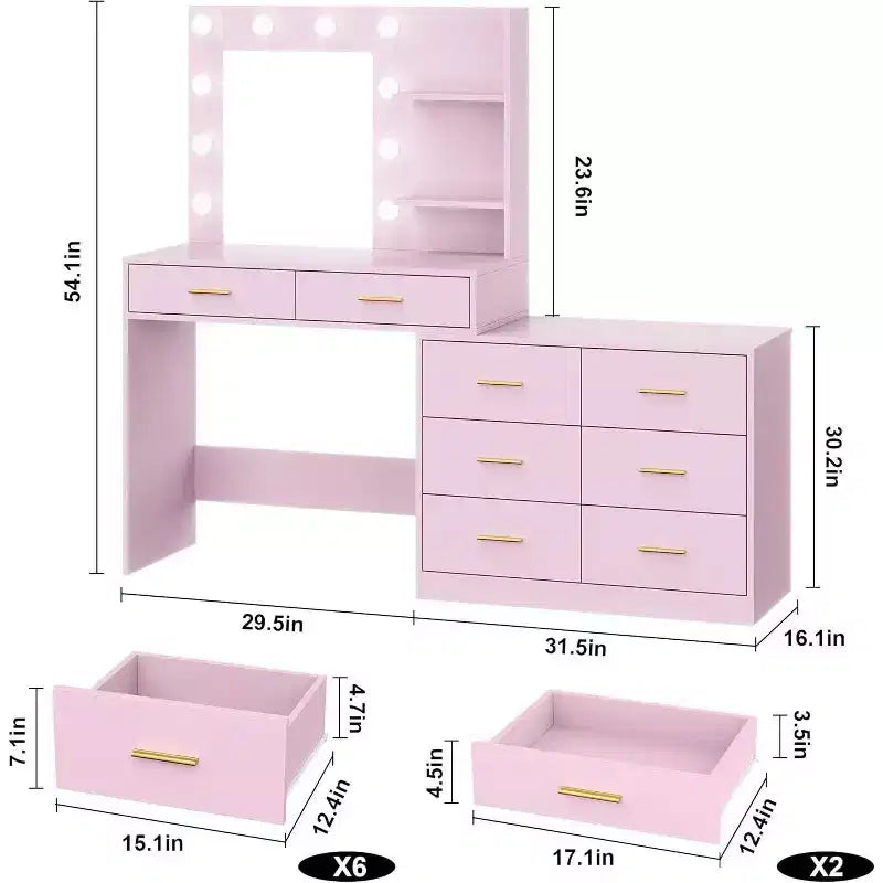 Toeletta Rosa con Specchio Illuminato, 8 Cassetti e 2 Ripiani