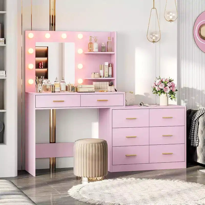 Toeletta Rosa con Specchio Illuminato, 8 Cassetti e 2 Ripiani