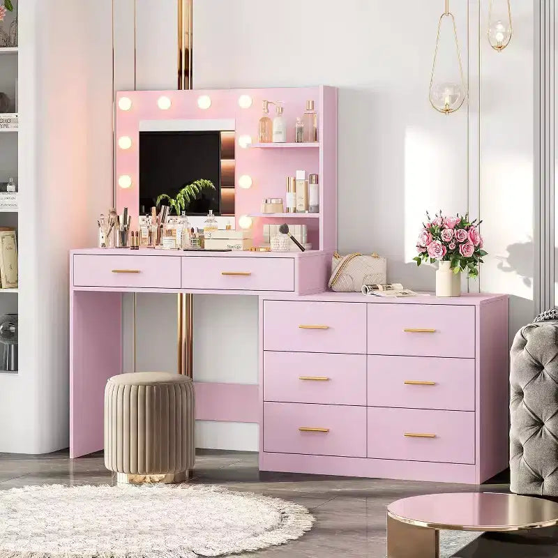 Toeletta Rosa con Specchio Illuminato, 8 Cassetti e 2 Ripiani