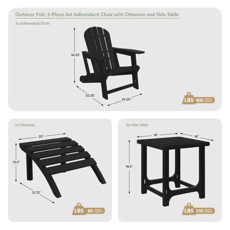 WestinTrends Azura 3-Piece HDPE Outdoor Patio Adirondack Chair with Ottoman and 18 Side Table Set, Gray