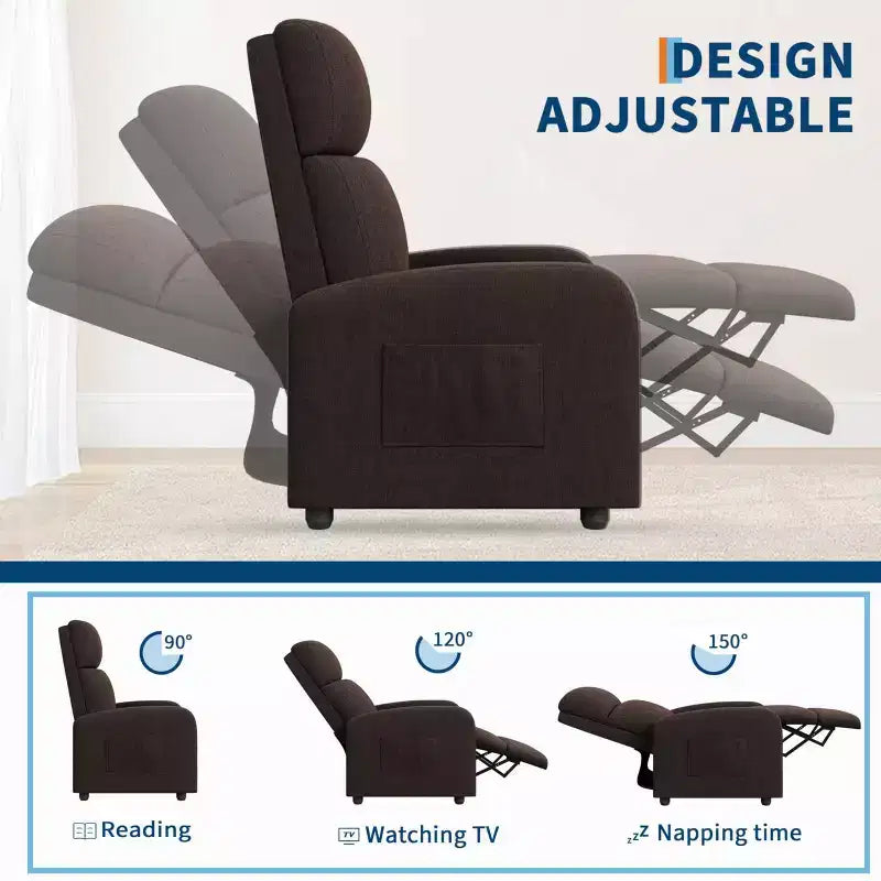 Poltrona Reclinabile Manuale con Schienale Alto, Braccioli Ampi e Tasca Laterale