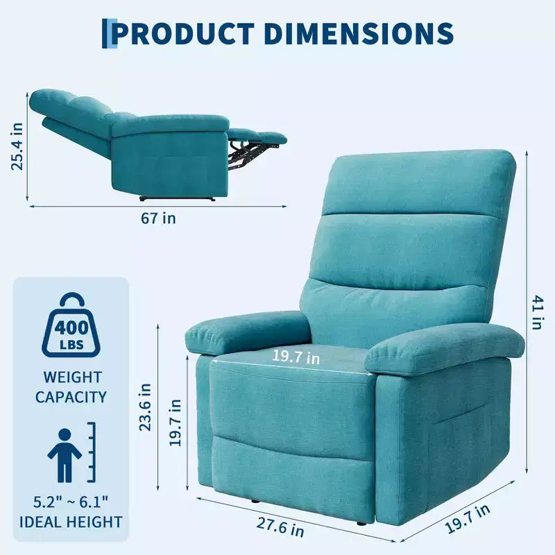 Poltrona reclinabile manuale in tessuto con tasca laterale e supporto ergonomico