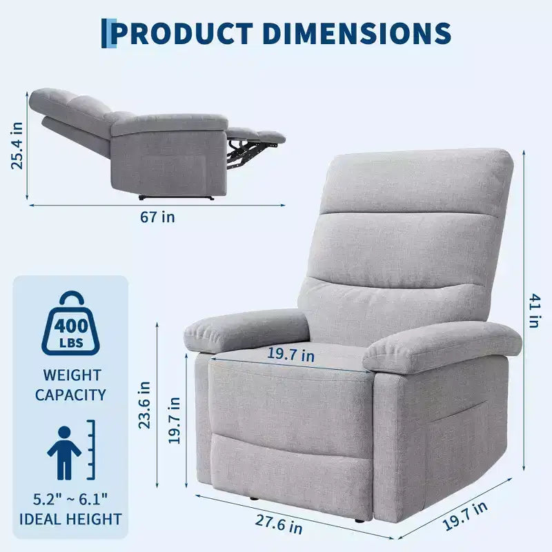 Poltrona reclinabile manuale in tessuto con tasca laterale e supporto ergonomico