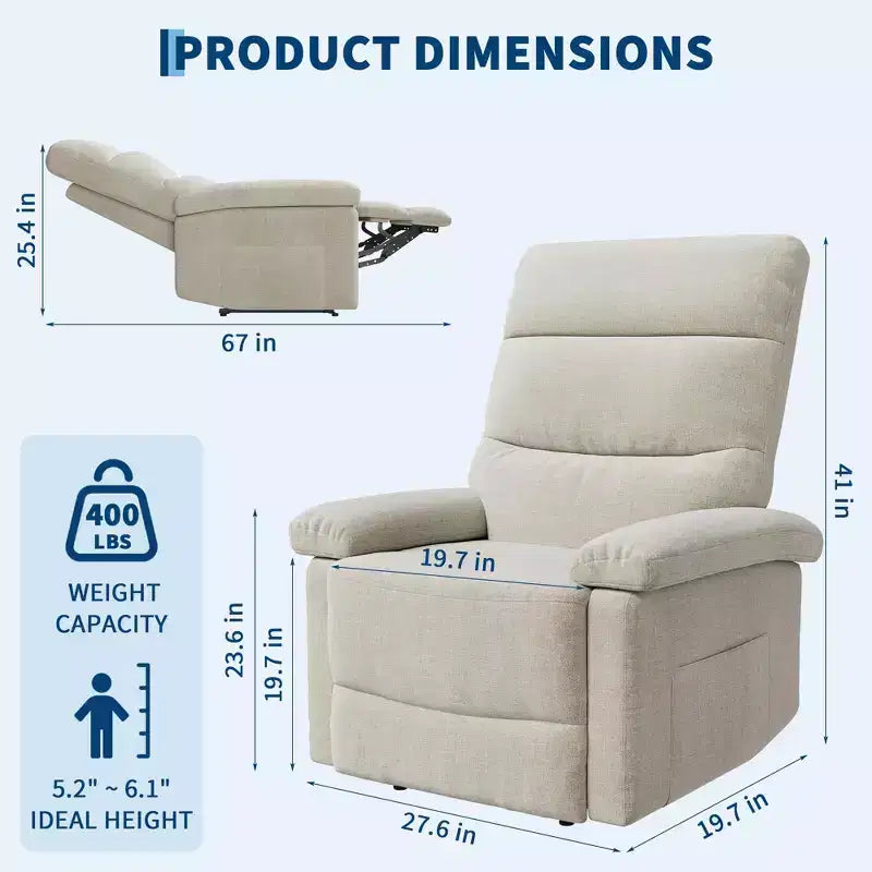 Poltrona reclinabile manuale in tessuto con tasca laterale e supporto ergonomico