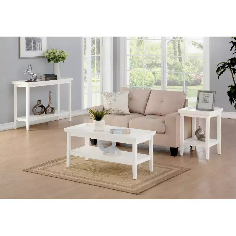 Tavolino da salotto bianco in legno con ripiano inferiore – H 66 cm