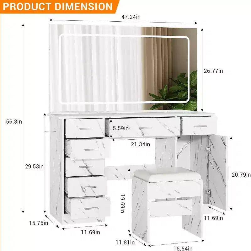 Set Trucco Moderno con Specchio LED, 7 Cassetti e Sgabello Imbottito – Bianco Marmo