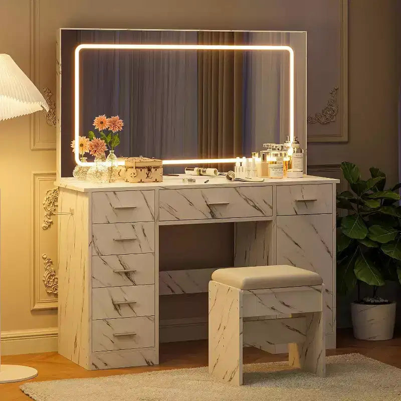 Set Trucco Moderno con Specchio LED, 7 Cassetti e Sgabello Imbottito – Bianco Marmo