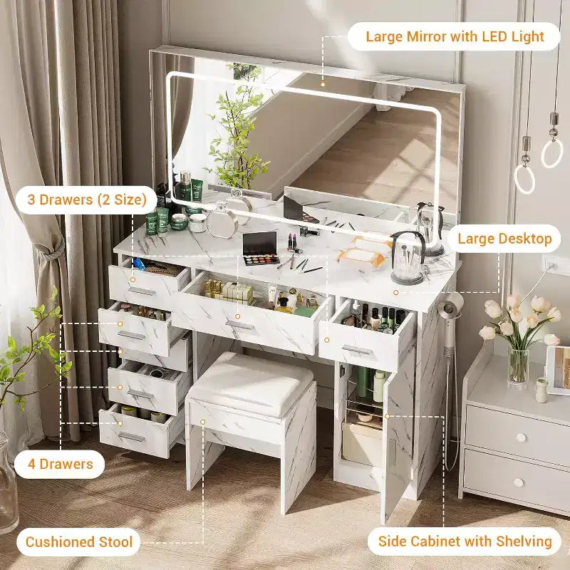 Set Trucco Moderno con Specchio LED, 7 Cassetti e Sgabello Imbottito – Bianco Marmo