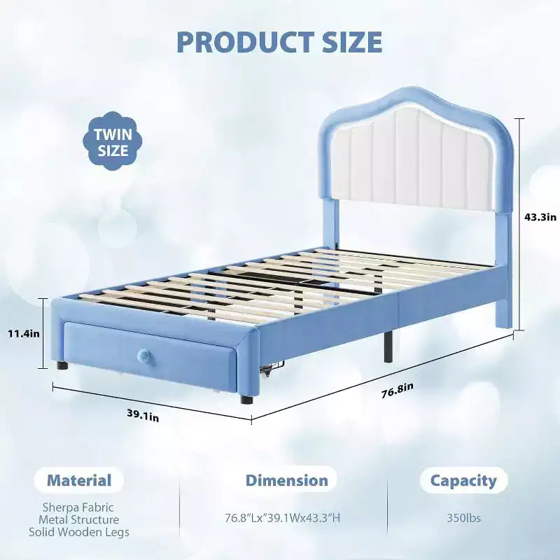 Struttura letto imbottita singola con cassetto contenitore e testiera a LED