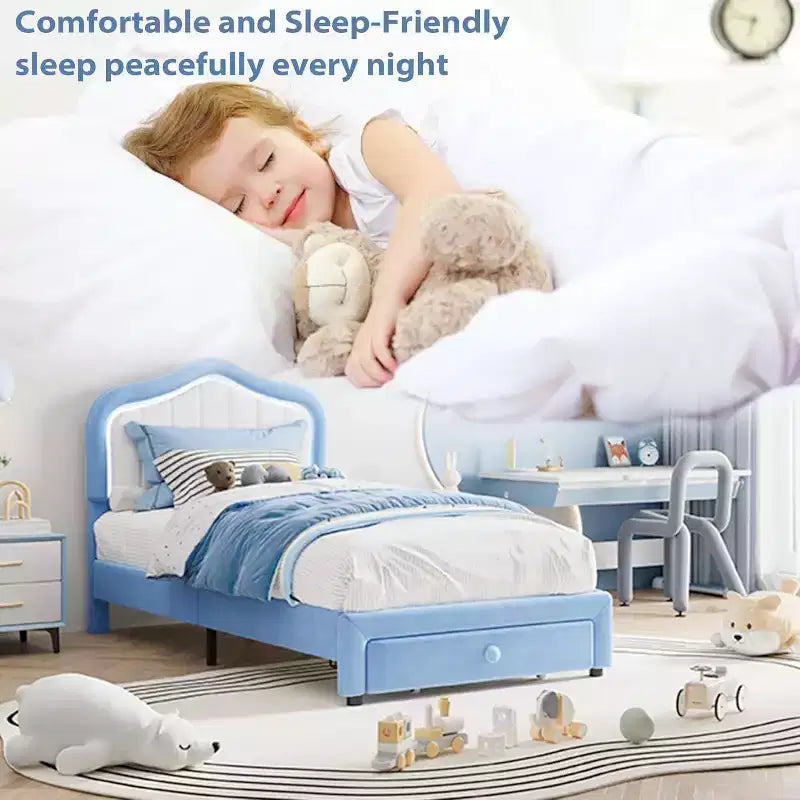 Struttura letto imbottita singola con cassetto contenitore e testiera a LED