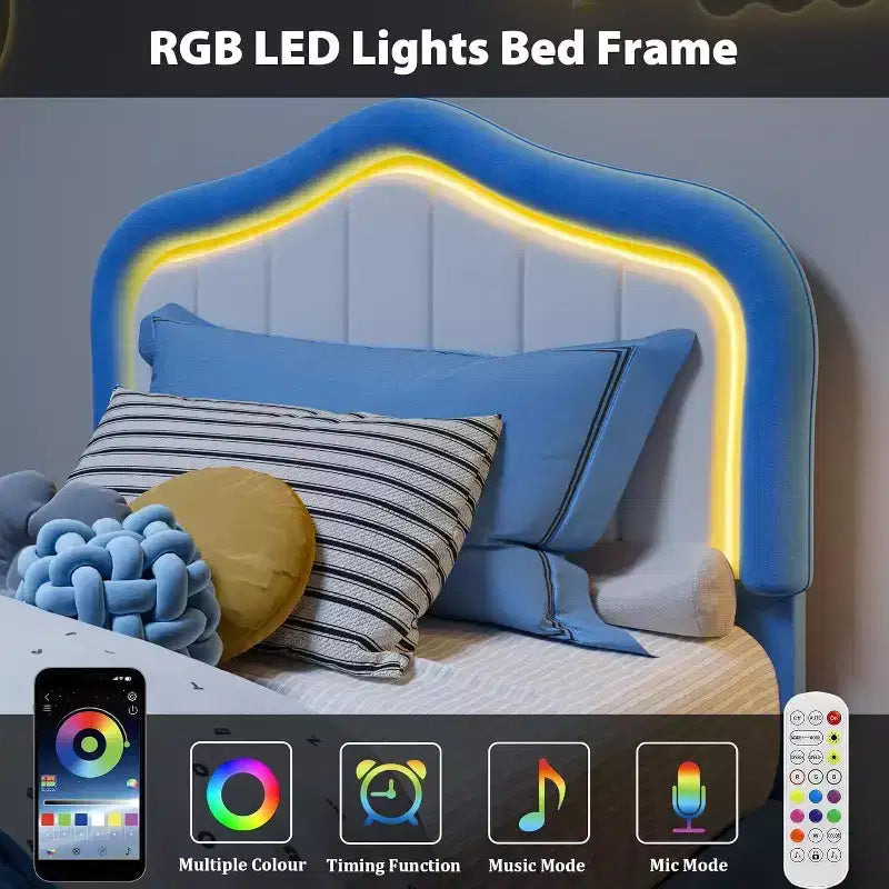 Struttura letto imbottita singola con cassetto contenitore e testiera a LED