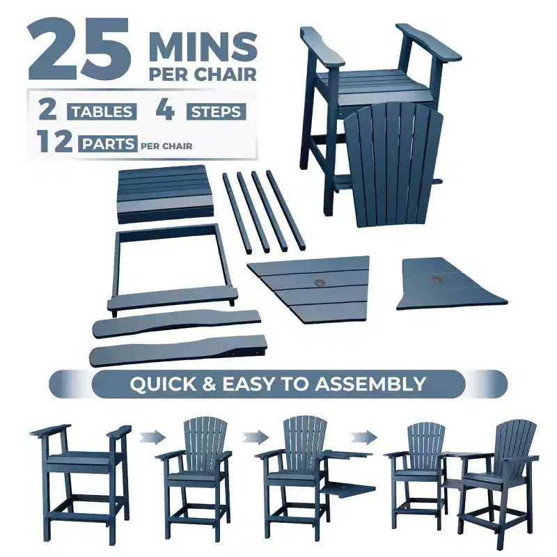 GustoWave Lot de 2 chaises Adirondack hautes, tabourets de bar hauts en PEHD avec doubles plateaux de raccordement, chaises Adirondack hauteur bar pour 2, toutes saisons