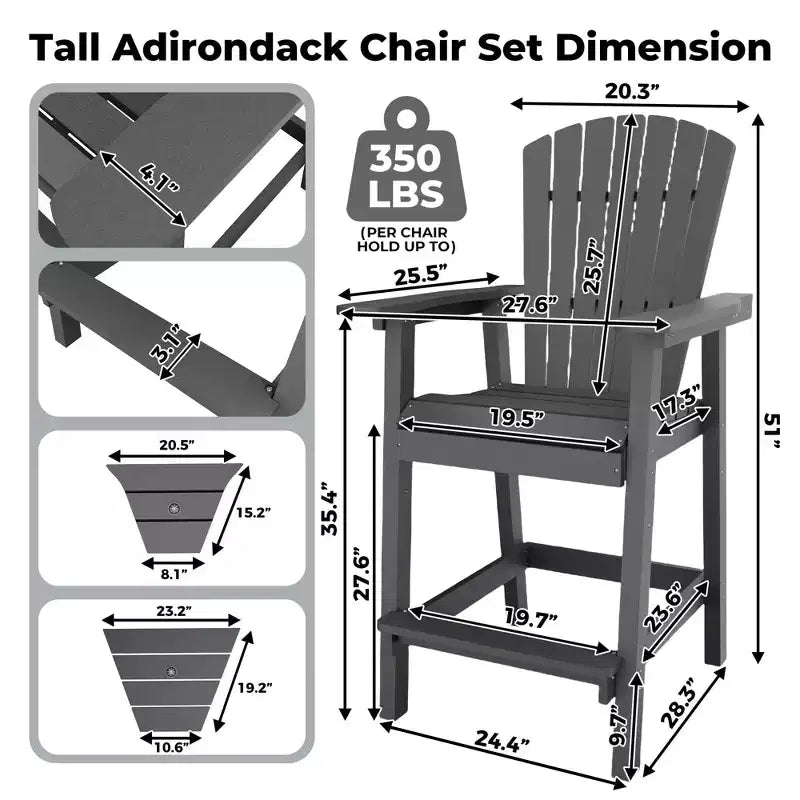 GustoWave Lot de 2 chaises Adirondack hautes, tabourets de bar hauts en PEHD avec doubles plateaux de raccordement, chaises Adirondack hauteur bar pour 2, toutes saisons