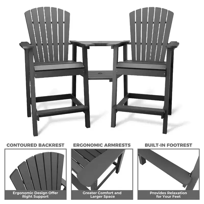 GustoWave Lot de 2 chaises Adirondack hautes, tabourets de bar hauts en PEHD avec doubles plateaux de raccordement, chaises Adirondack hauteur bar pour 2, toutes saisons