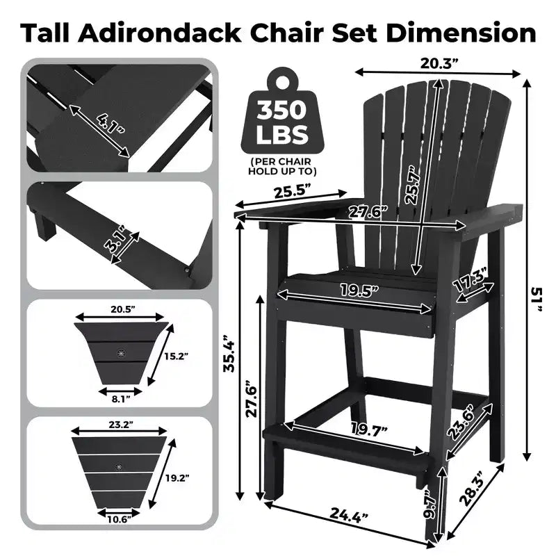 GustoWave Lot de 2 chaises Adirondack hautes, tabourets de bar hauts en PEHD avec doubles plateaux de raccordement, chaises Adirondack hauteur bar pour 2, toutes saisons