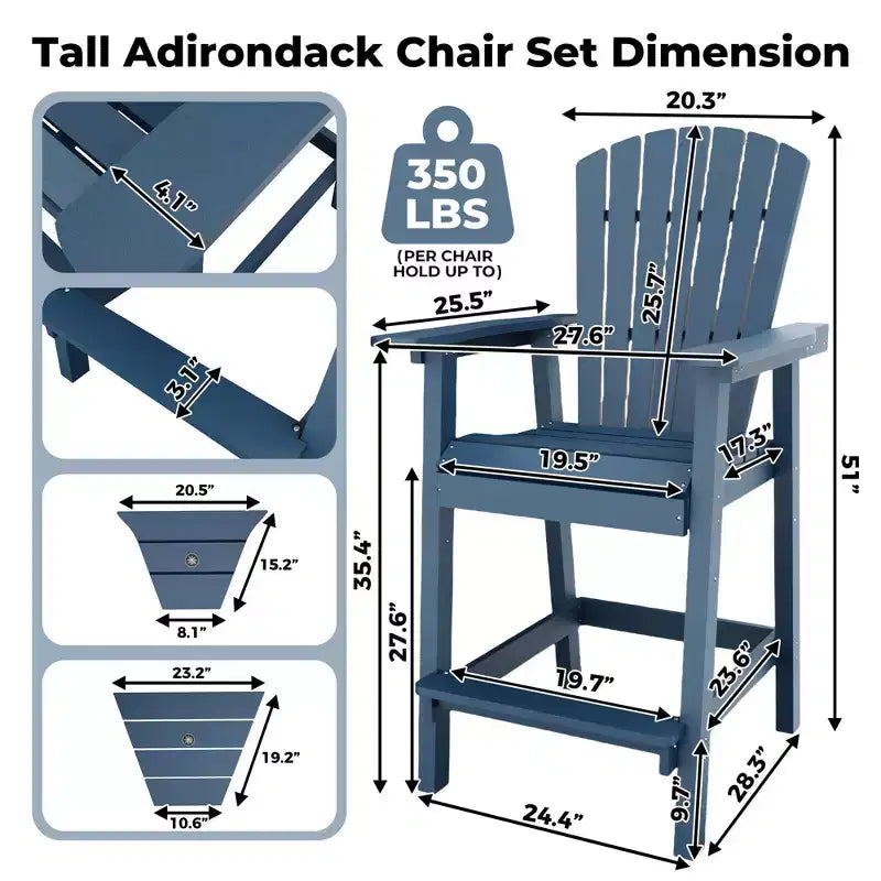 GustoWave Lot de 2 chaises Adirondack hautes, tabourets de bar hauts en PEHD avec doubles plateaux de raccordement, chaises Adirondack hauteur bar pour 2, toutes saisons