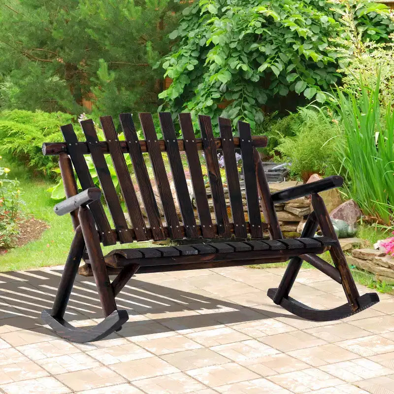 Outdoor Wooden Rocking Chair, Double-Person Rustic Adirondack Rocker with Slatted Seat, High Backrest, Armrests for Patio, Garden and Porch