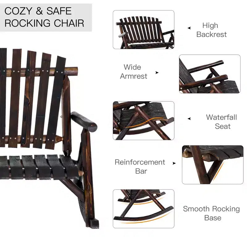 Outdoor Wooden Rocking Chair, Double-Person Rustic Adirondack Rocker with Slatted Seat, High Backrest, Armrests for Patio, Garden and Porch