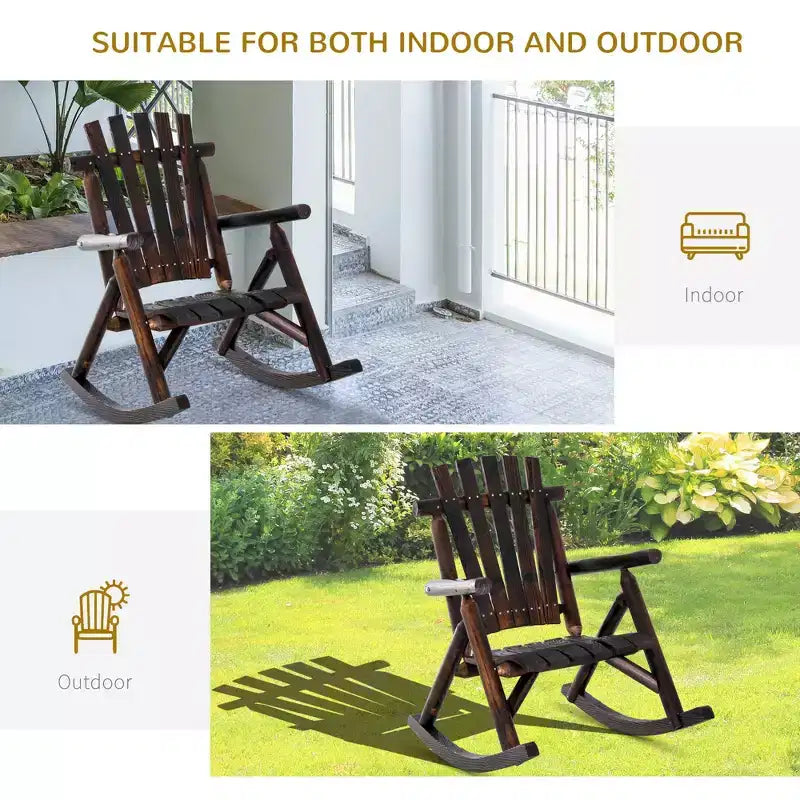 Outdoor Wooden Rocking Chair, Single-Person Rustic Adirondack Rocker with Slatted Seat, High Backrest, Armrests for Patio, Garden and Porch