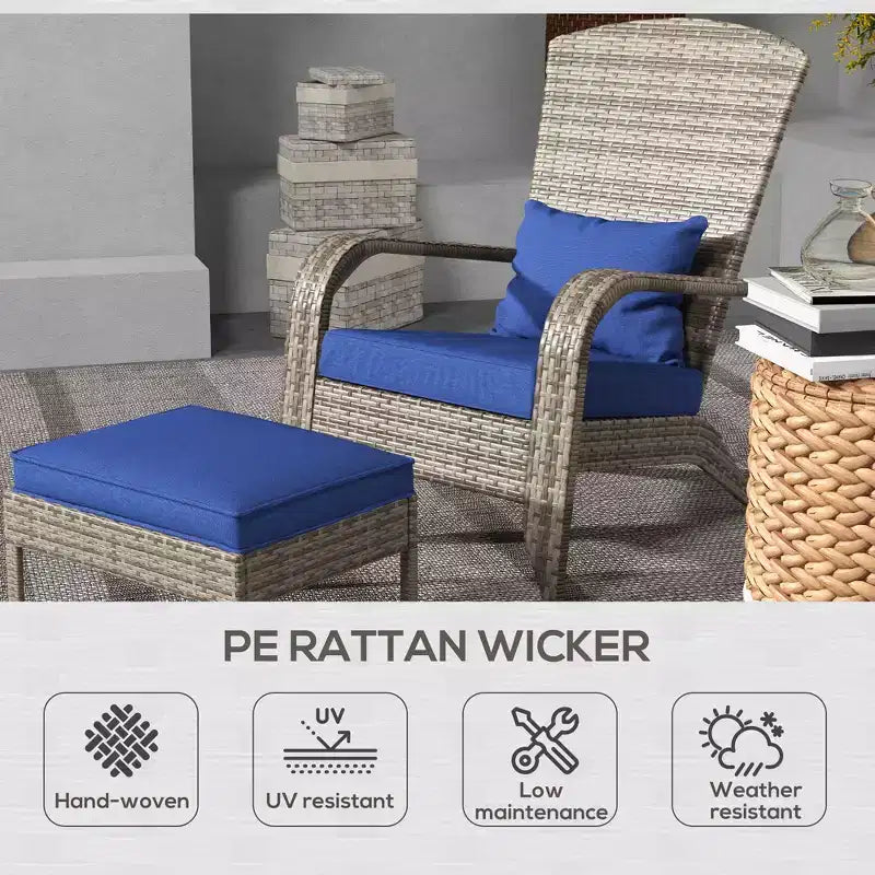 Wicker Adirondack Chair Fire Pit Chair w/ Ottoman & Cushions