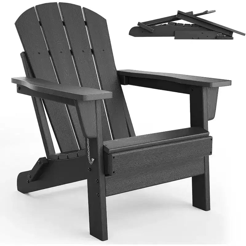 Acekool Folding Adirondack Chairs set of 2, HDPE Plastic Outdoor Chair Wood Texture, 380lbs, Patio/Deck/Backyard