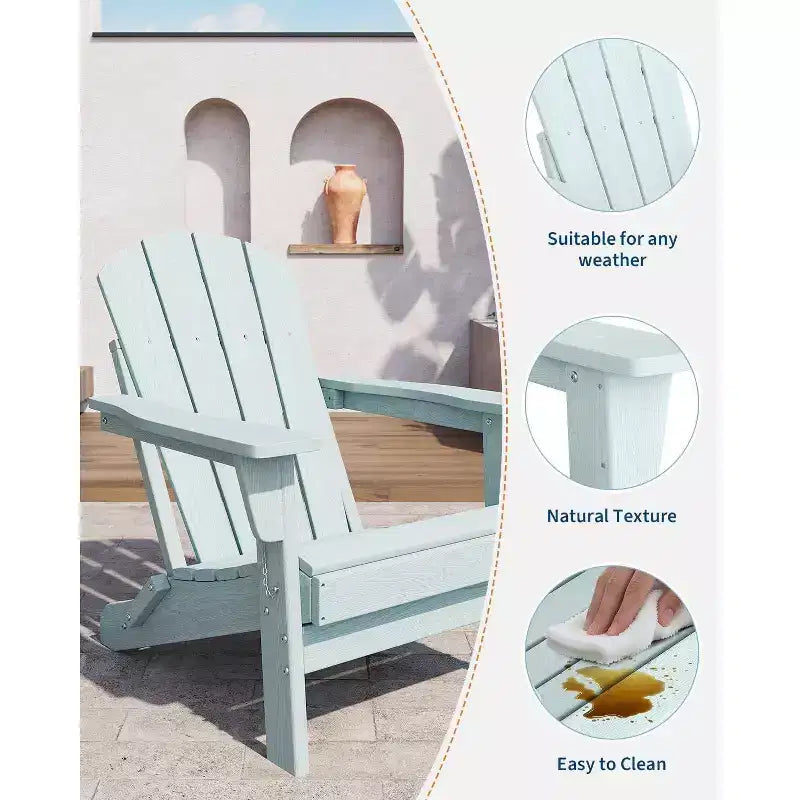 Acekool Folding Adirondack Chairs set of 2, HDPE Plastic Outdoor Chair Wood Texture, 380lbs, Patio/Deck/Backyard