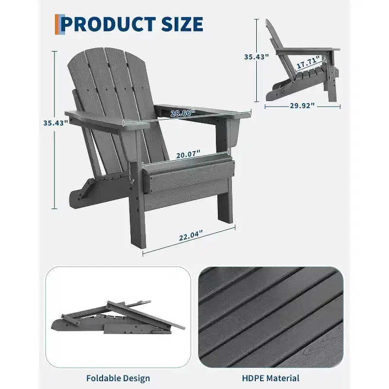 Acekool Folding Adirondack Chairs set of 2, HDPE Plastic Outdoor Chair Wood Texture, 380lbs, Patio/Deck/Backyard