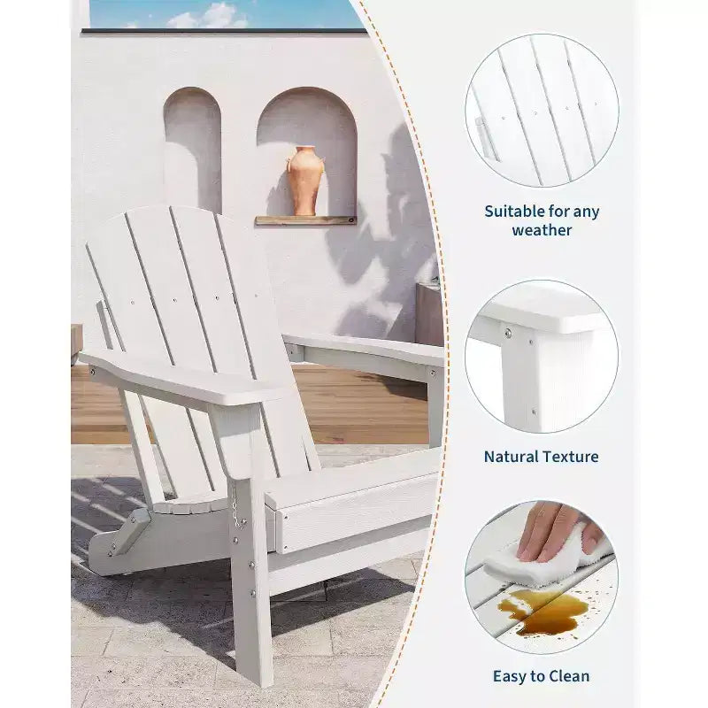Acekool Folding Adirondack Chairs set of 2, HDPE Plastic Outdoor Chair Wood Texture, 380lbs, Patio/Deck/Backyard